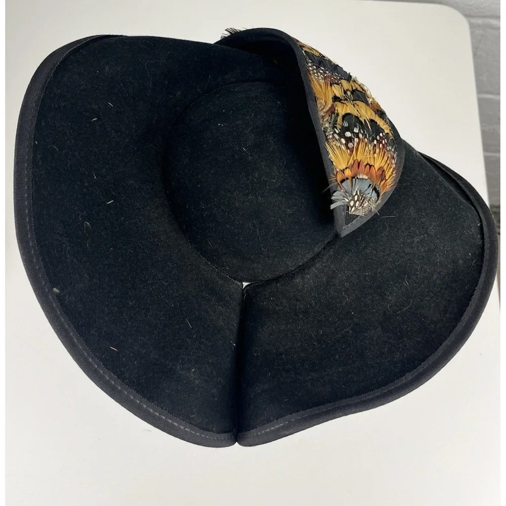 Vintage 40s 50s Tilt Hat Black Feather Brown Tan Felt USA Asymmetrical Wool Felt